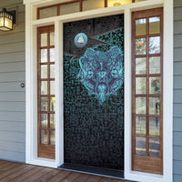 Viking Warrior and Raven Norse Mythology Door Cover Neon Line Art with Rune Patterns