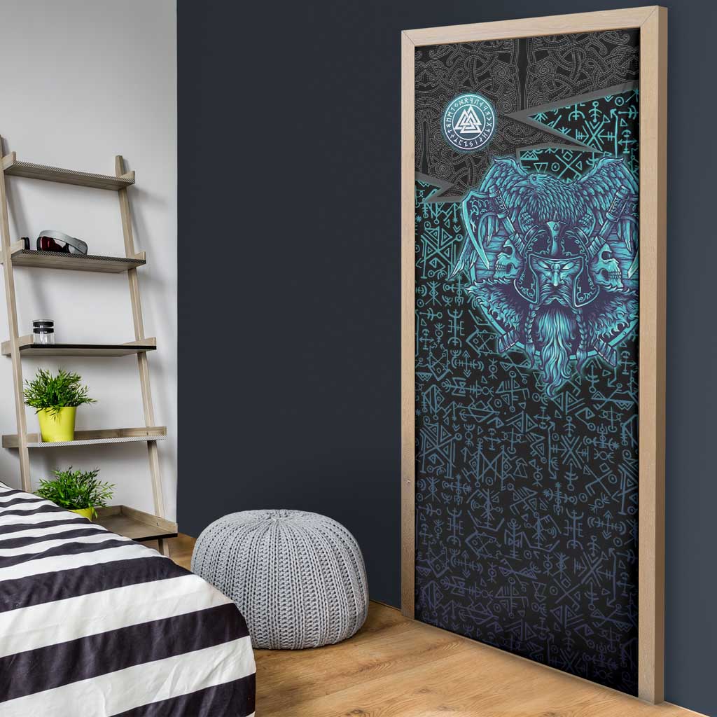 Viking Warrior and Raven Norse Mythology Door Cover Neon Line Art with Rune Patterns
