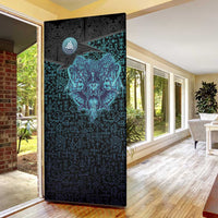 Viking Warrior and Raven Norse Mythology Door Cover Neon Line Art with Rune Patterns
