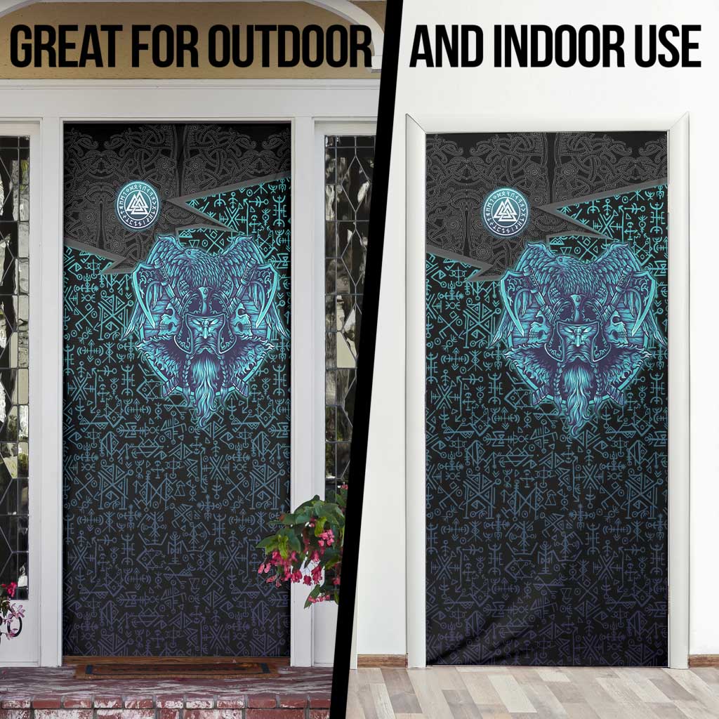 Viking Warrior and Raven Norse Mythology Door Cover Neon Line Art with Rune Patterns