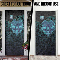 Viking Warrior and Raven Norse Mythology Door Cover Neon Line Art with Rune Patterns