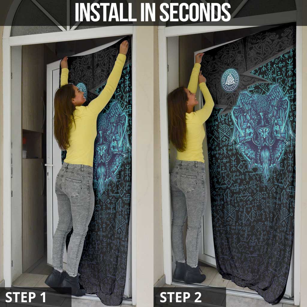 Viking Warrior and Raven Norse Mythology Door Cover Neon Line Art with Rune Patterns