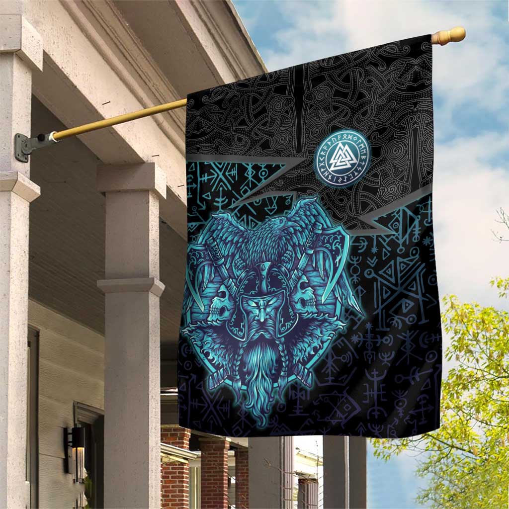 Viking Warrior and Raven Norse Mythology Garden Flag Neon Line Art with Rune Patterns