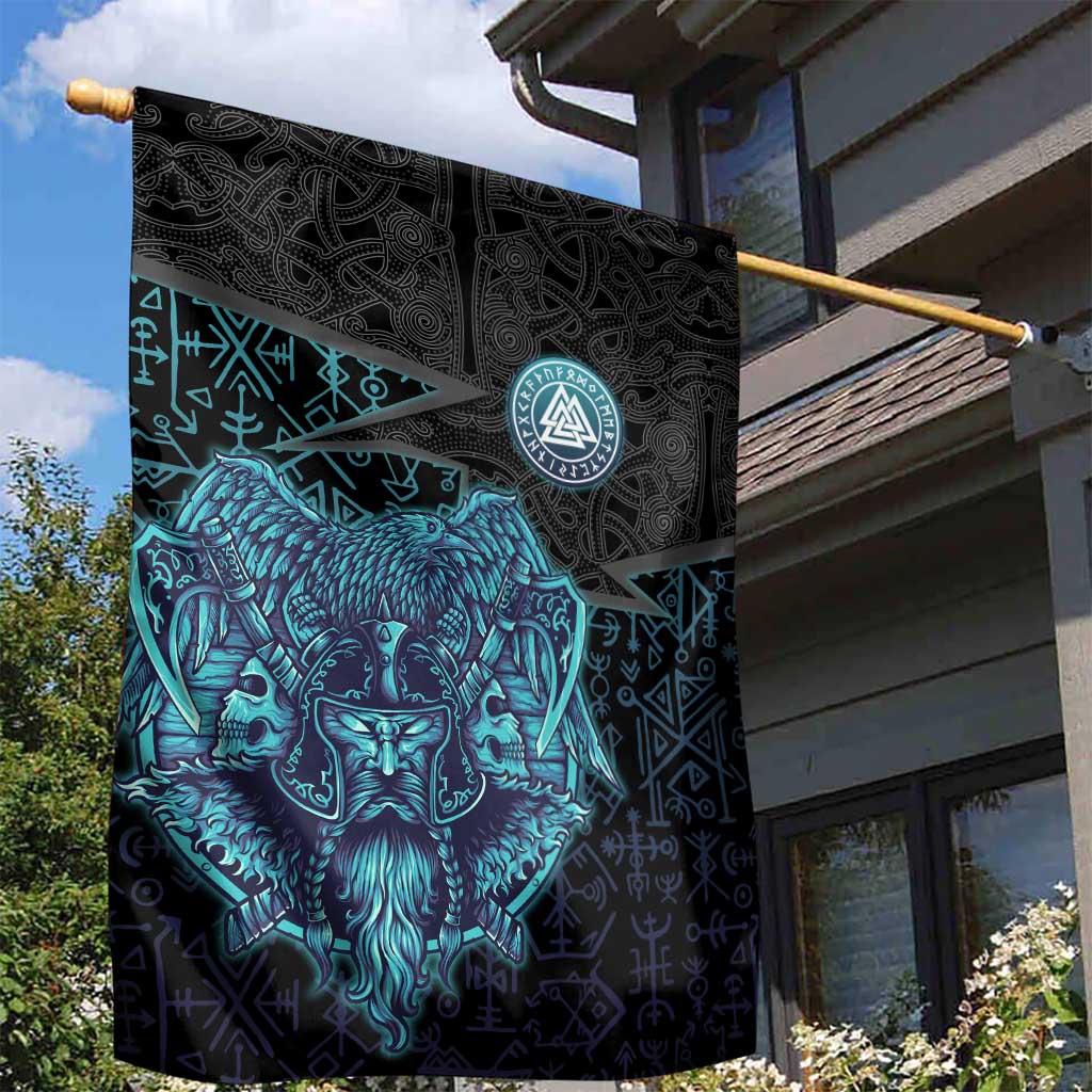 Viking Warrior and Raven Norse Mythology Garden Flag Neon Line Art with Rune Patterns