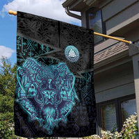 Viking Warrior and Raven Norse Mythology Garden Flag Neon Line Art with Rune Patterns