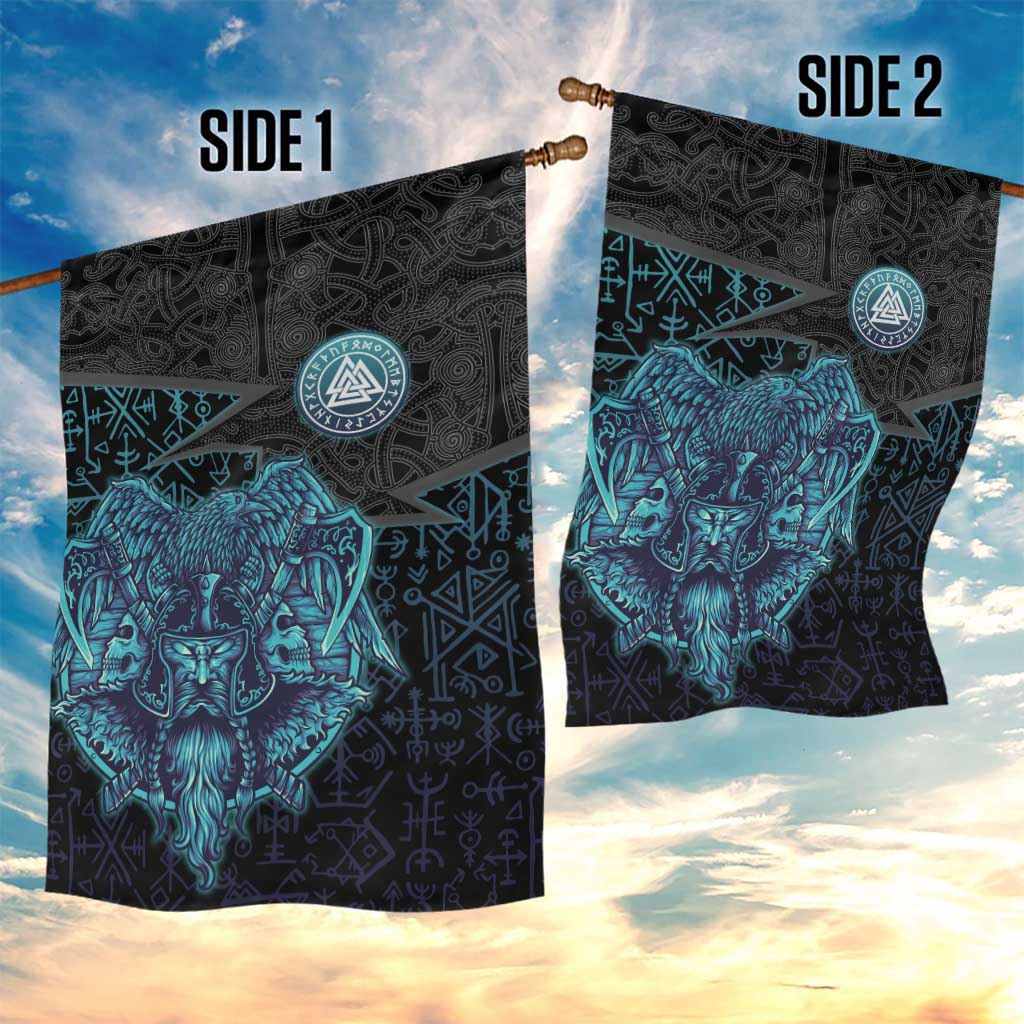 Viking Warrior and Raven Norse Mythology Garden Flag Neon Line Art with Rune Patterns