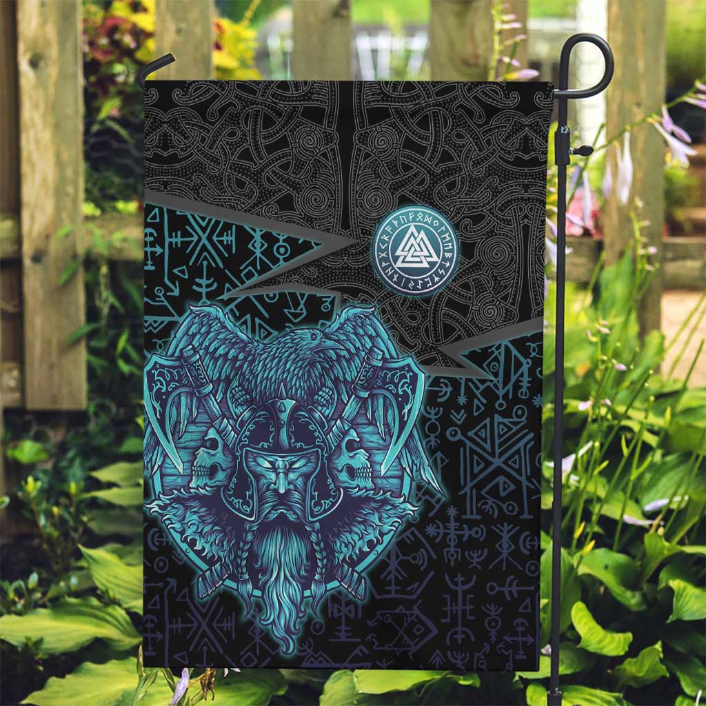 Viking Warrior and Raven Norse Mythology Garden Flag Neon Line Art with Rune Patterns