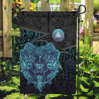 Viking Warrior and Raven Norse Mythology Garden Flag Neon Line Art with Rune Patterns