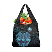 Viking Warrior and Raven Norse Mythology Grocery Bag Neon Line Art with Rune Patterns