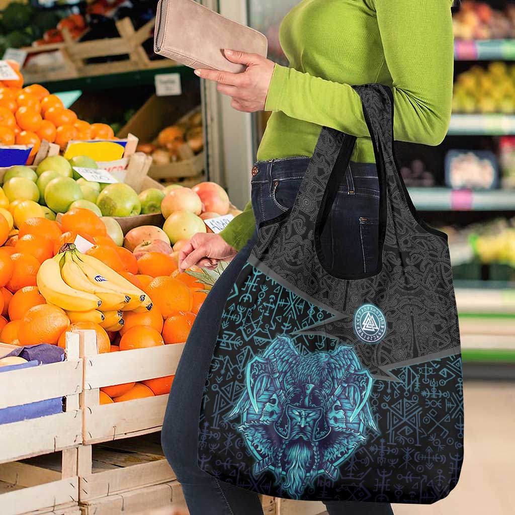 Viking Warrior and Raven Norse Mythology Grocery Bag Neon Line Art with Rune Patterns