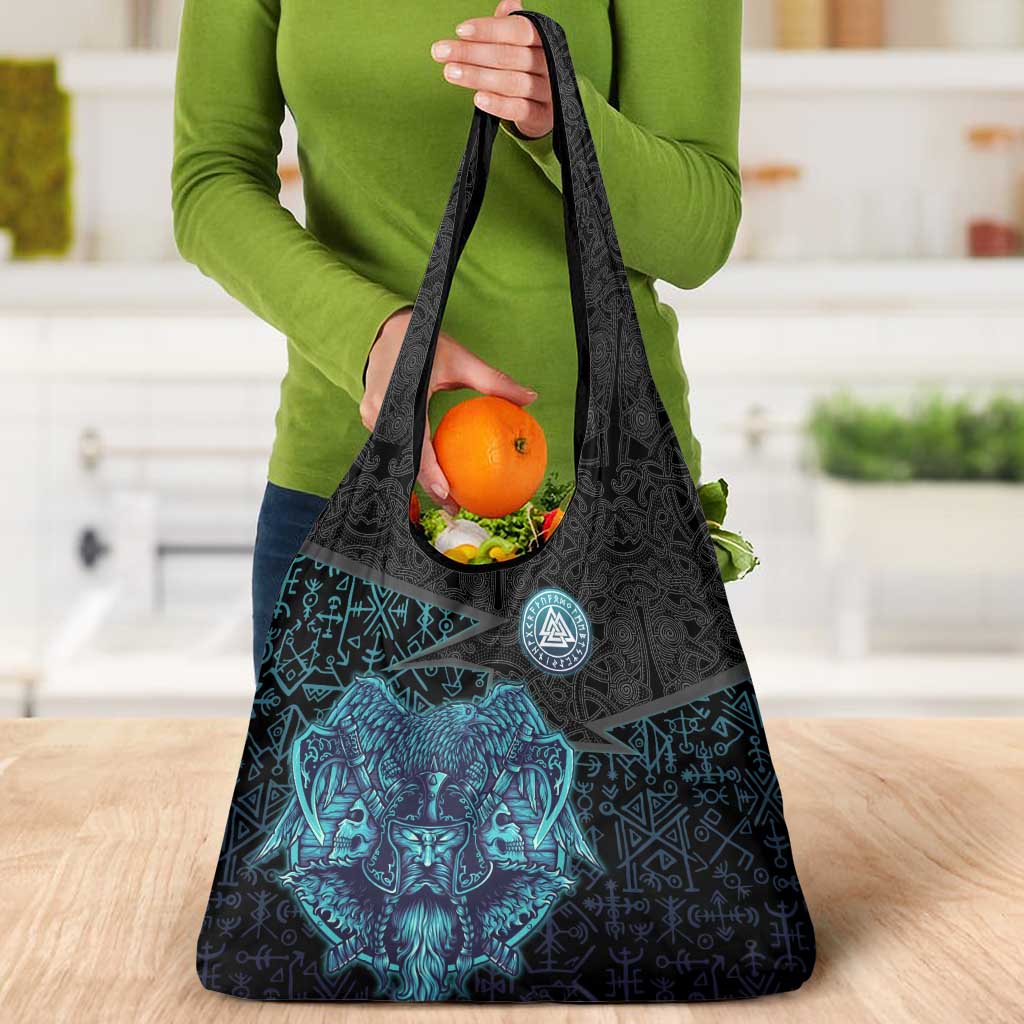 Viking Warrior and Raven Norse Mythology Grocery Bag Neon Line Art with Rune Patterns