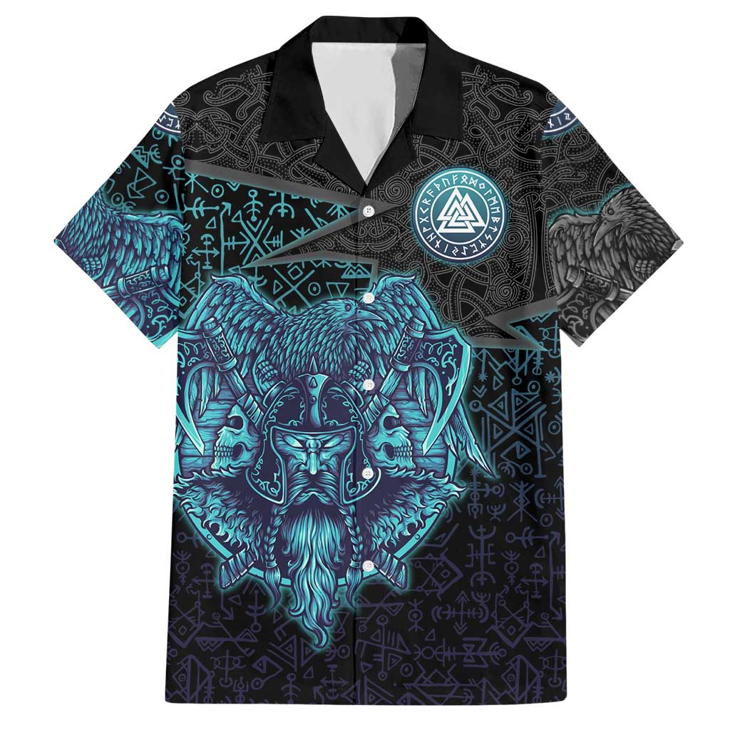 Viking Warrior and Raven Norse Mythology Hawaiian Shirt Neon Line Art with Rune Patterns