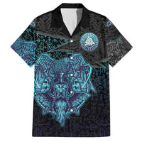 Viking Warrior and Raven Norse Mythology Hawaiian Shirt Neon Line Art with Rune Patterns