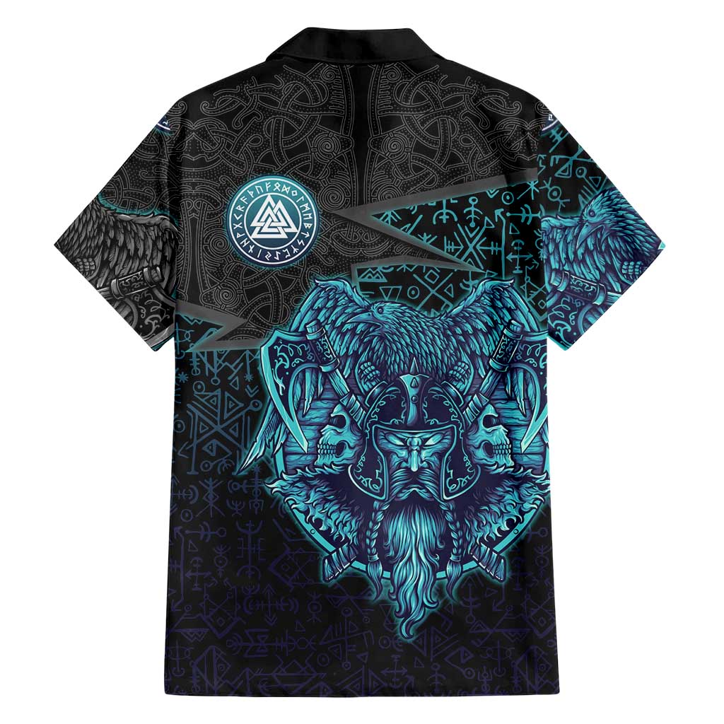Viking Warrior and Raven Norse Mythology Hawaiian Shirt Neon Line Art with Rune Patterns