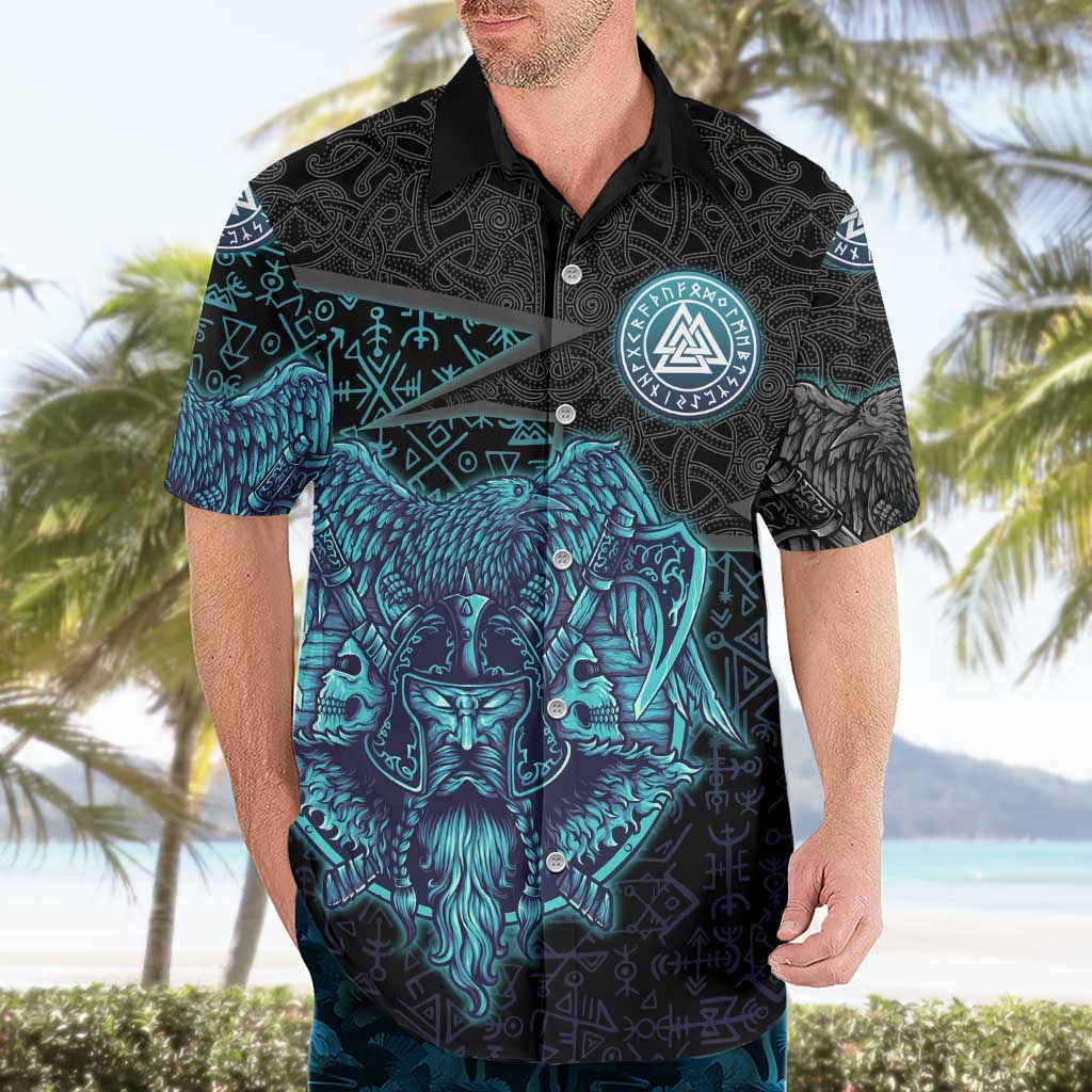 Viking Warrior and Raven Norse Mythology Hawaiian Shirt Neon Line Art with Rune Patterns