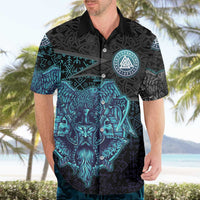 Viking Warrior and Raven Norse Mythology Hawaiian Shirt Neon Line Art with Rune Patterns