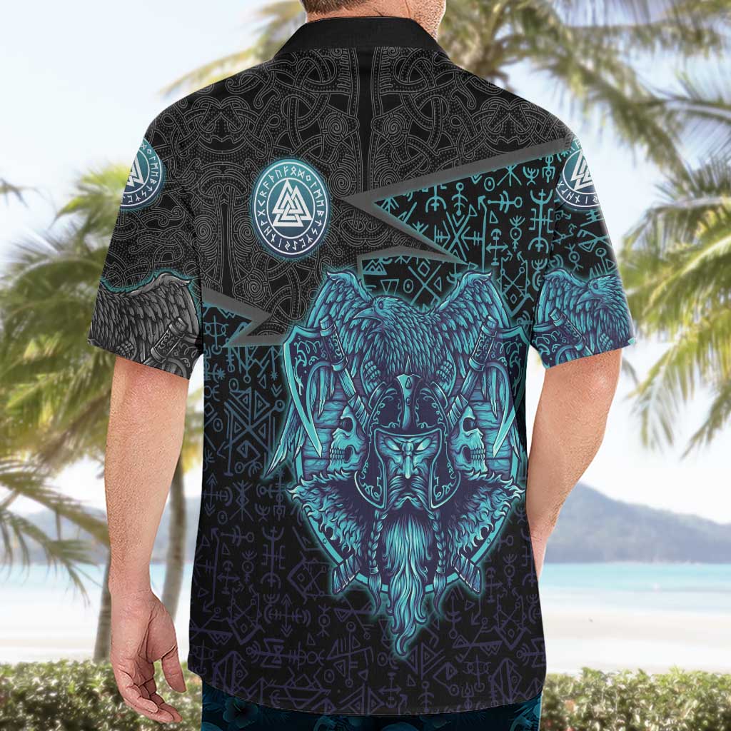 Viking Warrior and Raven Norse Mythology Hawaiian Shirt Neon Line Art with Rune Patterns
