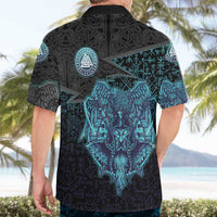 Viking Warrior and Raven Norse Mythology Hawaiian Shirt Neon Line Art with Rune Patterns