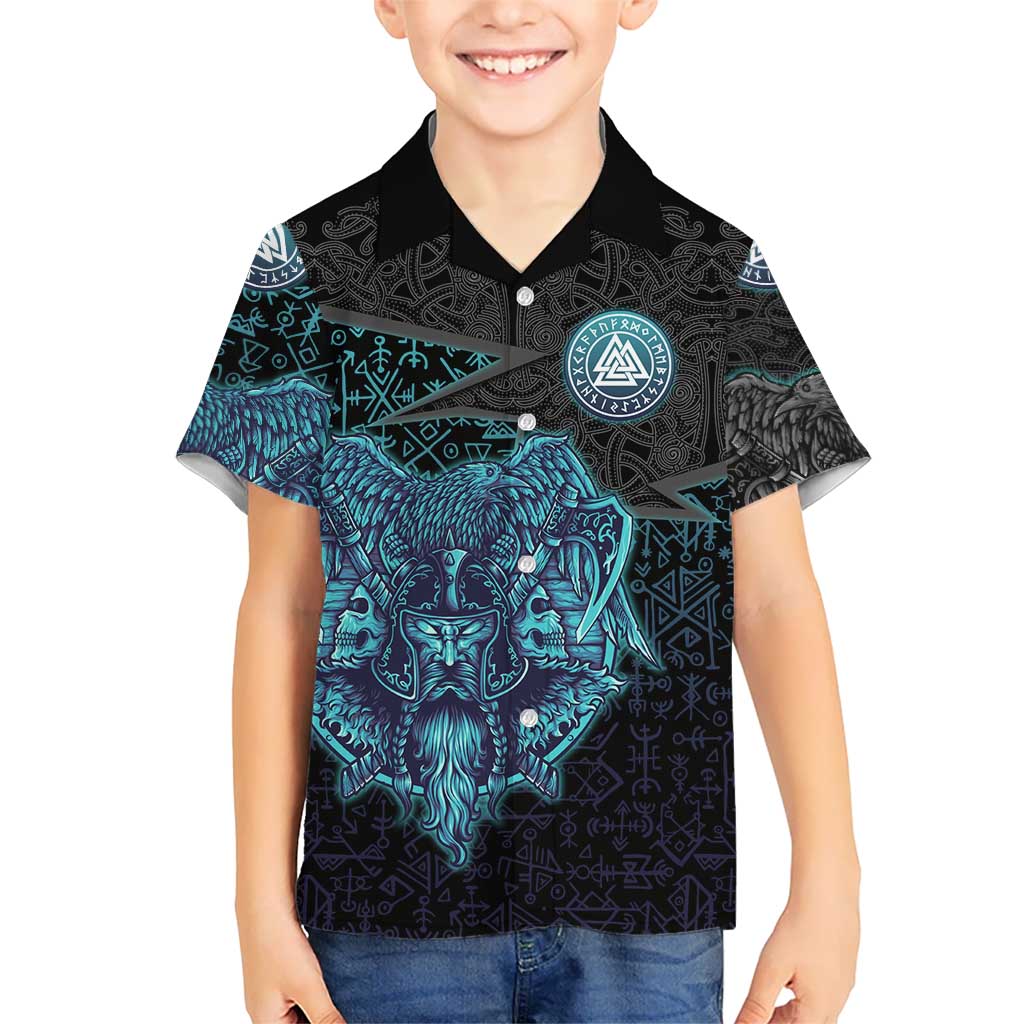 Viking Warrior and Raven Norse Mythology Hawaiian Shirt Neon Line Art with Rune Patterns