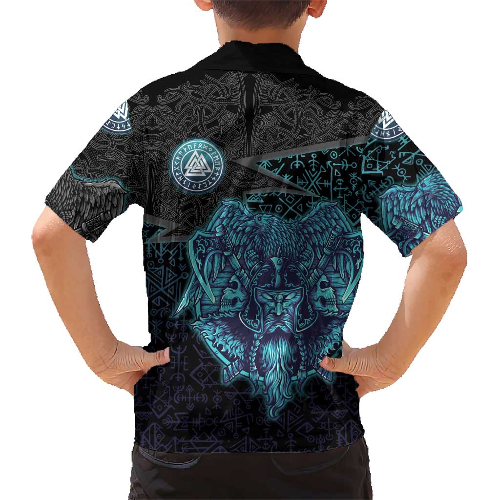 Viking Warrior and Raven Norse Mythology Hawaiian Shirt Neon Line Art with Rune Patterns