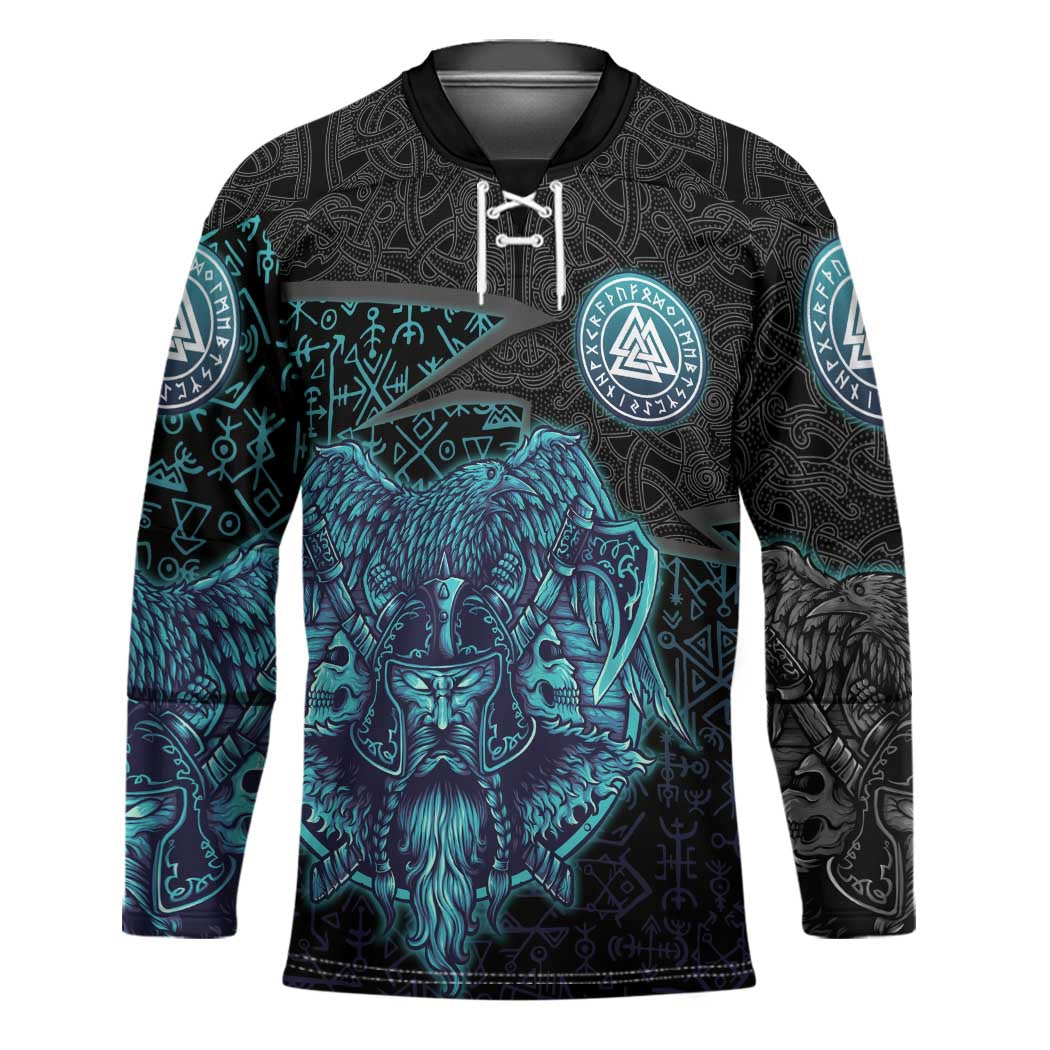Viking Warrior and Raven Norse Mythology Hockey Jersey Neon Line Art with Rune Patterns