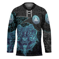 Viking Warrior and Raven Norse Mythology Hockey Jersey Neon Line Art with Rune Patterns