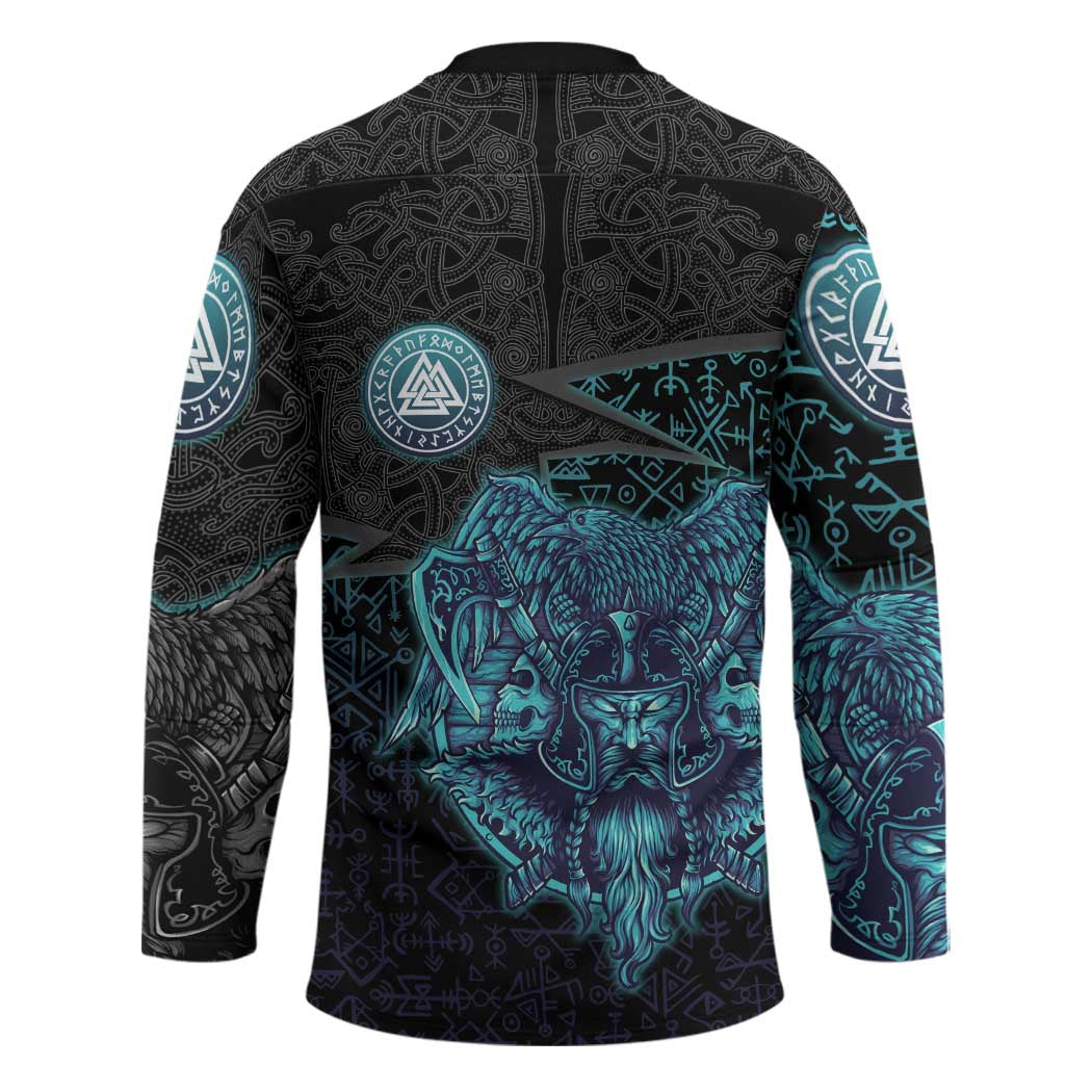 Viking Warrior and Raven Norse Mythology Hockey Jersey Neon Line Art with Rune Patterns