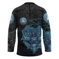 Viking Warrior and Raven Norse Mythology Hockey Jersey Neon Line Art with Rune Patterns