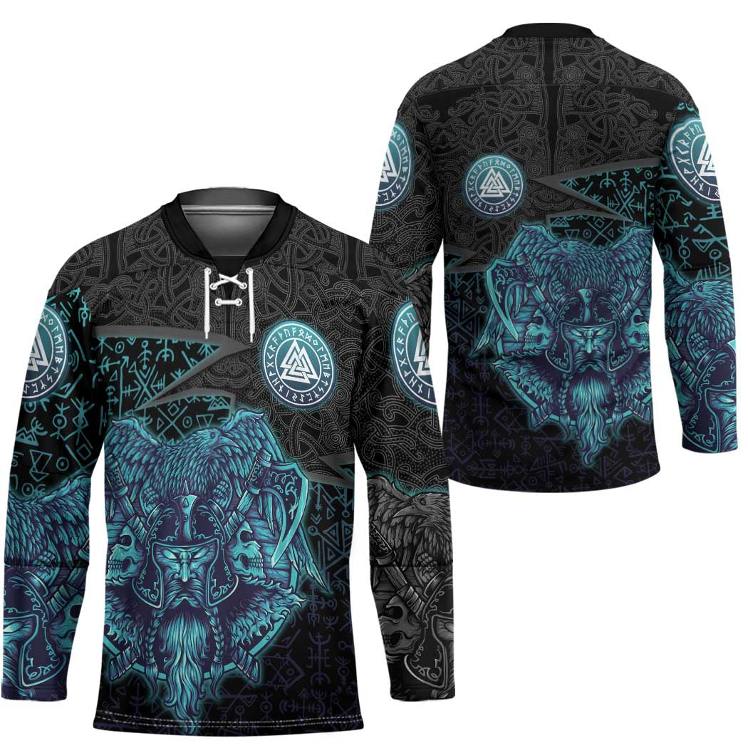 Viking Warrior and Raven Norse Mythology Hockey Jersey Neon Line Art with Rune Patterns