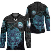 Viking Warrior and Raven Norse Mythology Hockey Jersey Neon Line Art with Rune Patterns