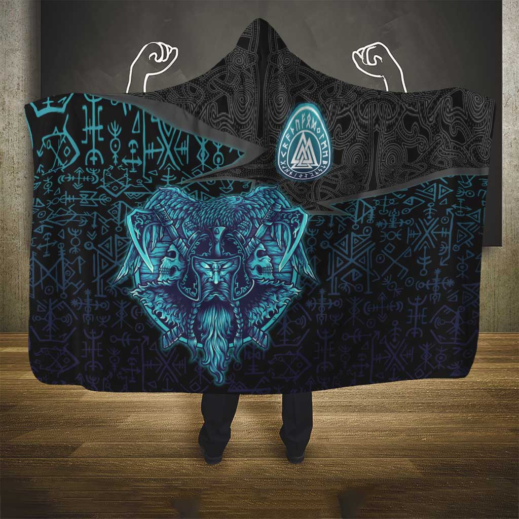 Viking Warrior and Raven Norse Mythology Hooded Blanket Neon Line Art with Rune Patterns