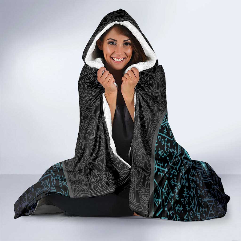 Viking Warrior and Raven Norse Mythology Hooded Blanket Neon Line Art with Rune Patterns