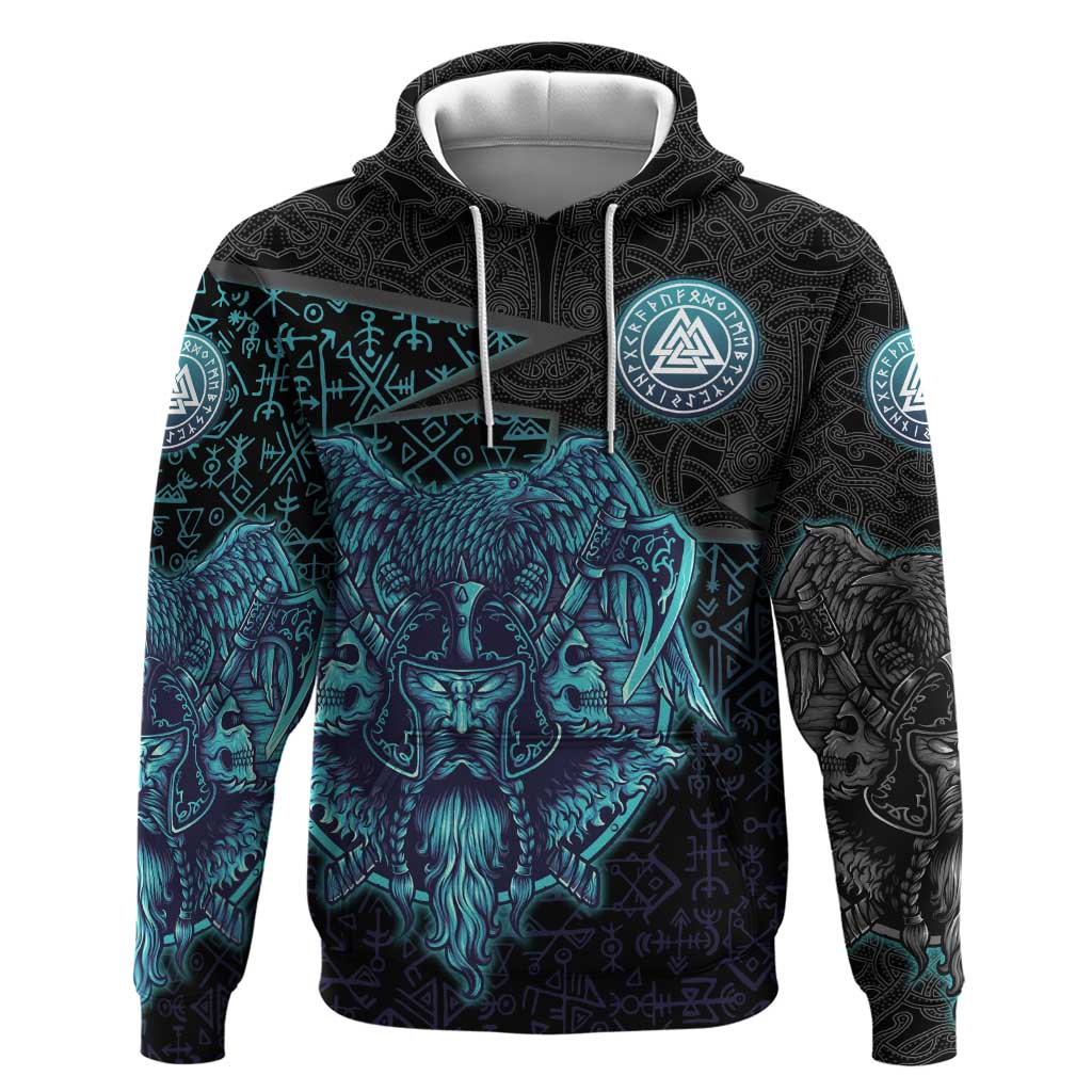 Viking Warrior and Raven Norse Mythology Hoodie Neon Line Art with Rune Patterns