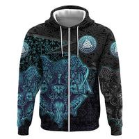Viking Warrior and Raven Norse Mythology Hoodie Neon Line Art with Rune Patterns