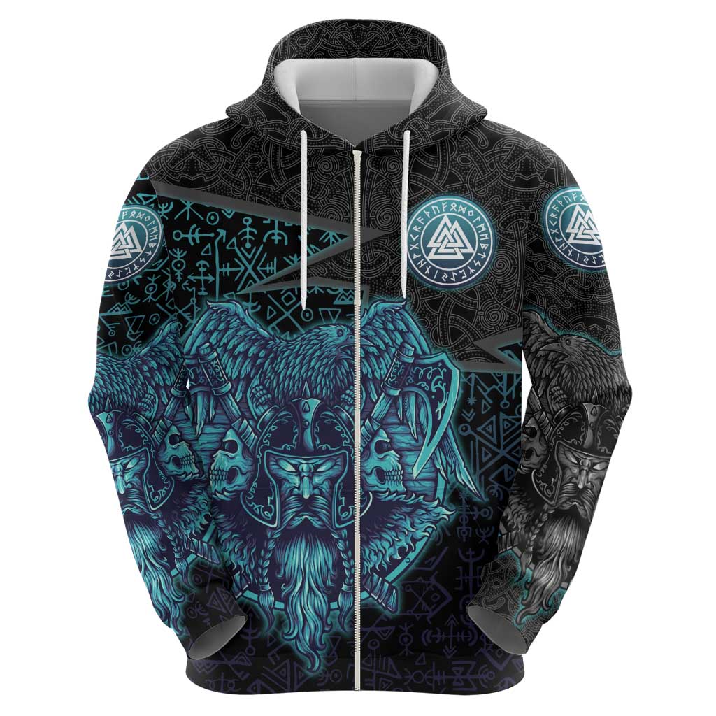 Viking Warrior and Raven Norse Mythology Hoodie Neon Line Art with Rune Patterns
