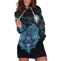 Viking Warrior and Raven Norse Mythology Hoodie Dress Neon Line Art with Rune Patterns