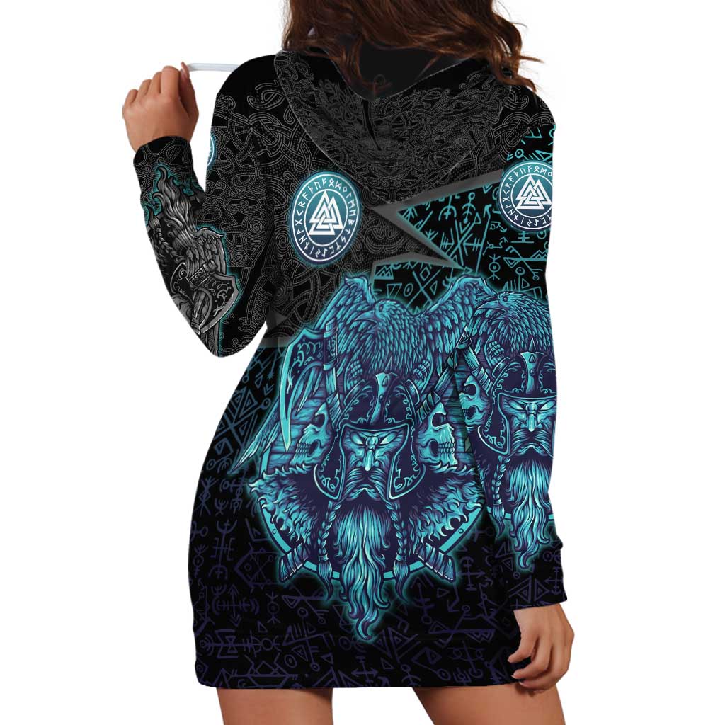 Viking Warrior and Raven Norse Mythology Hoodie Dress Neon Line Art with Rune Patterns