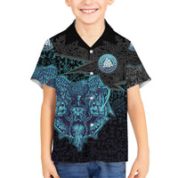 Viking Warrior and Raven Norse Mythology Kid Hawaiian Shirt Neon Line Art with Rune Patterns