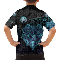 Viking Warrior and Raven Norse Mythology Kid Hawaiian Shirt Neon Line Art with Rune Patterns