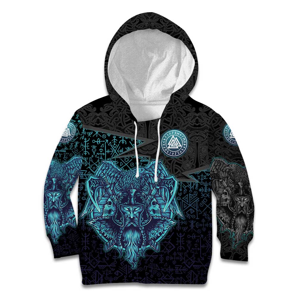Viking Warrior and Raven Norse Mythology Kid Hoodie Neon Line Art with Rune Patterns