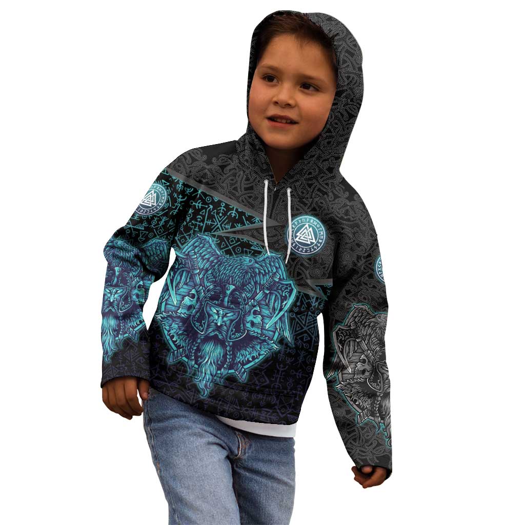 Viking Warrior and Raven Norse Mythology Kid Hoodie Neon Line Art with Rune Patterns