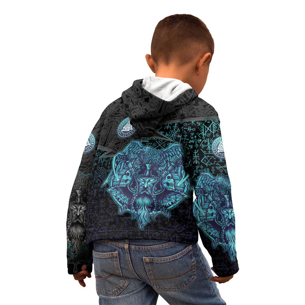 Viking Warrior and Raven Norse Mythology Kid Hoodie Neon Line Art with Rune Patterns