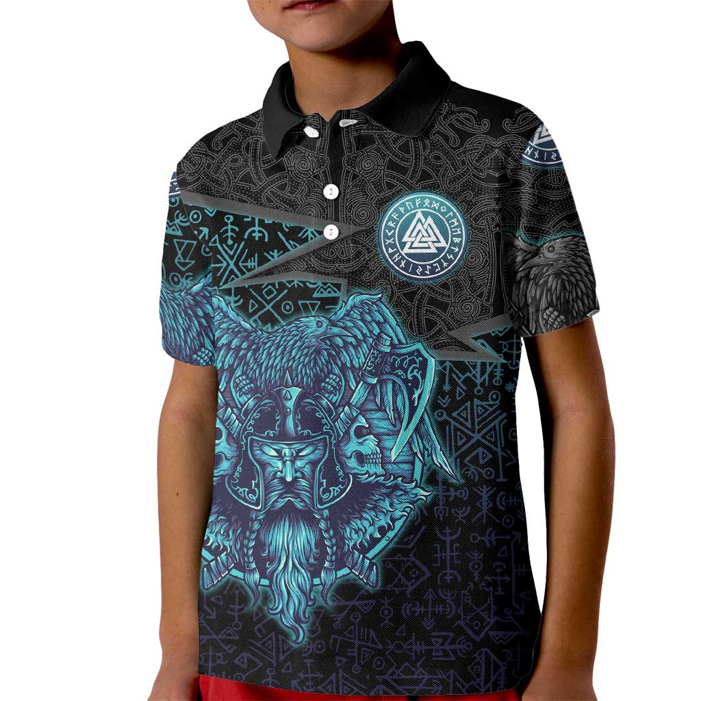 Viking Warrior and Raven Norse Mythology Kid Polo Shirt Neon Line Art with Rune Patterns