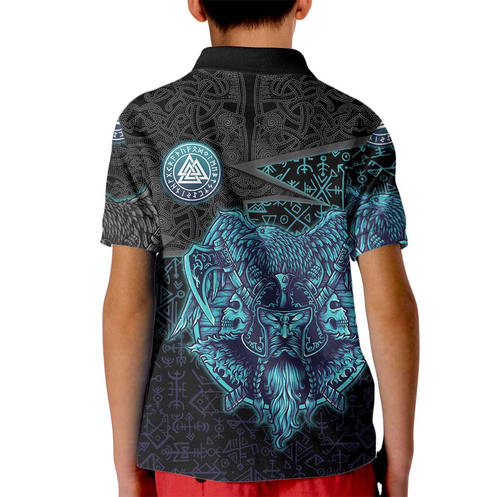 Viking Warrior and Raven Norse Mythology Kid Polo Shirt Neon Line Art with Rune Patterns