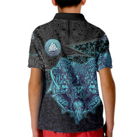 Viking Warrior and Raven Norse Mythology Kid Polo Shirt Neon Line Art with Rune Patterns
