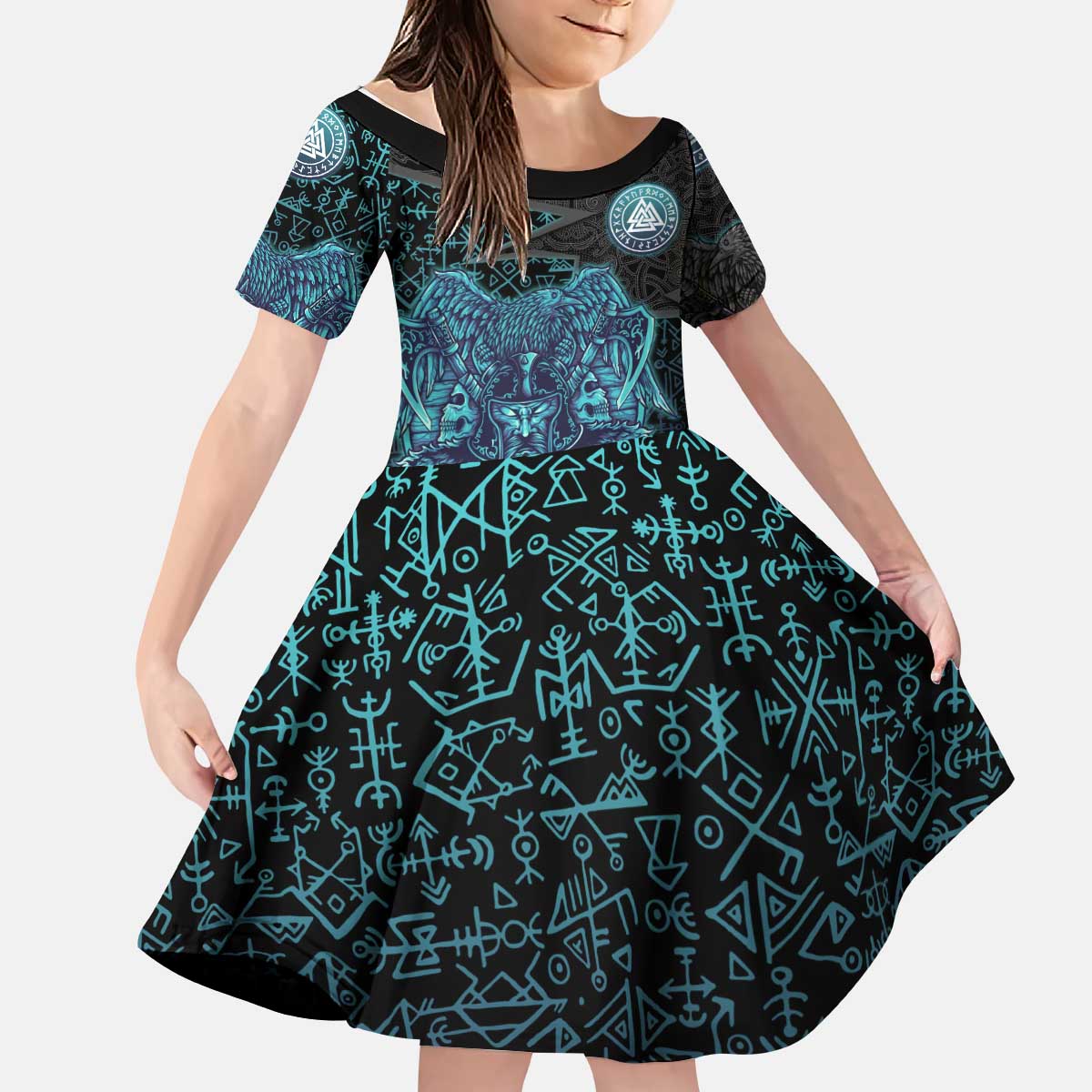 Viking Warrior and Raven Norse Mythology Kid Short Sleeve Dress Neon Line Art with Rune Patterns
