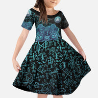 Viking Warrior and Raven Norse Mythology Kid Short Sleeve Dress Neon Line Art with Rune Patterns