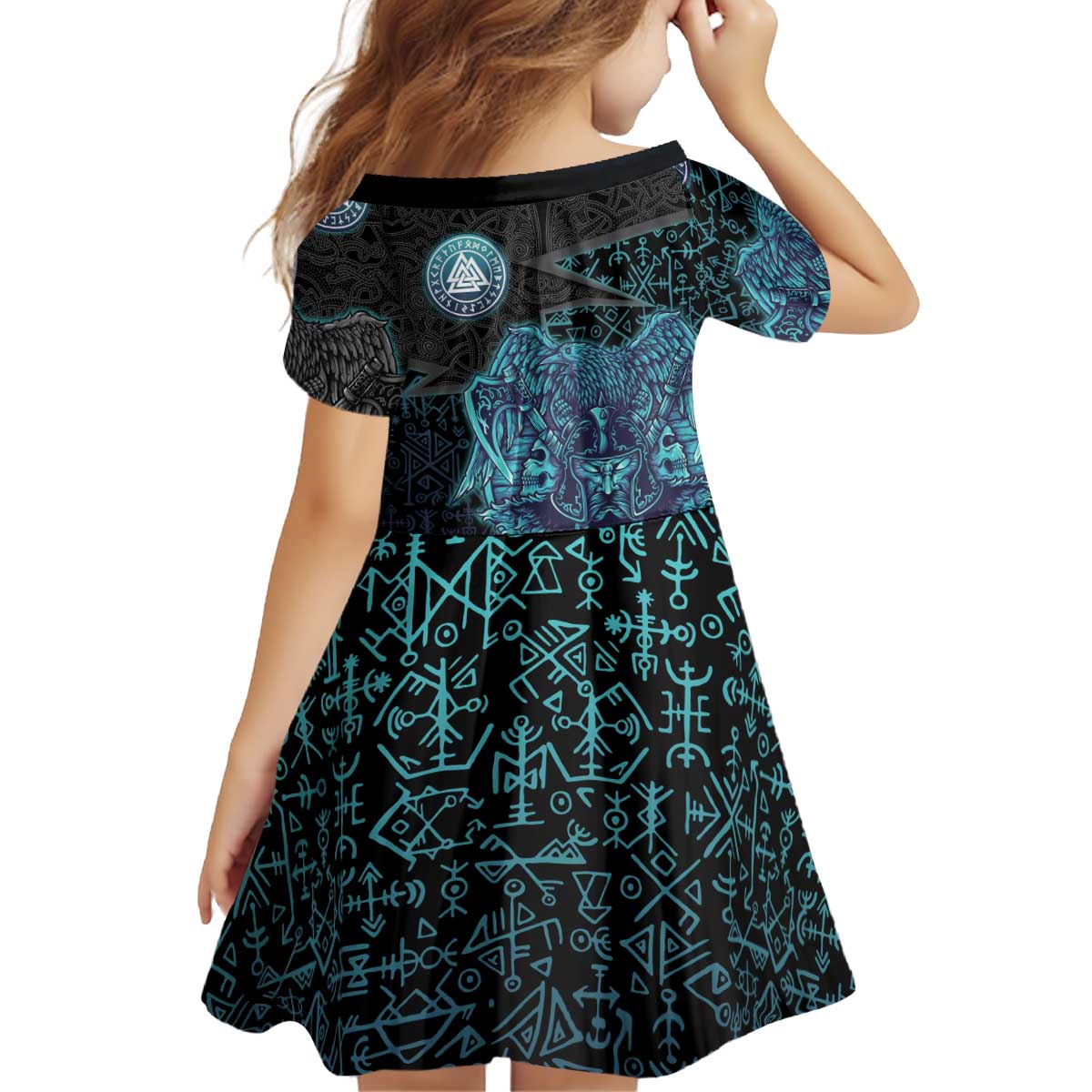 Viking Warrior and Raven Norse Mythology Kid Short Sleeve Dress Neon Line Art with Rune Patterns