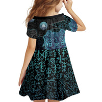 Viking Warrior and Raven Norse Mythology Kid Short Sleeve Dress Neon Line Art with Rune Patterns