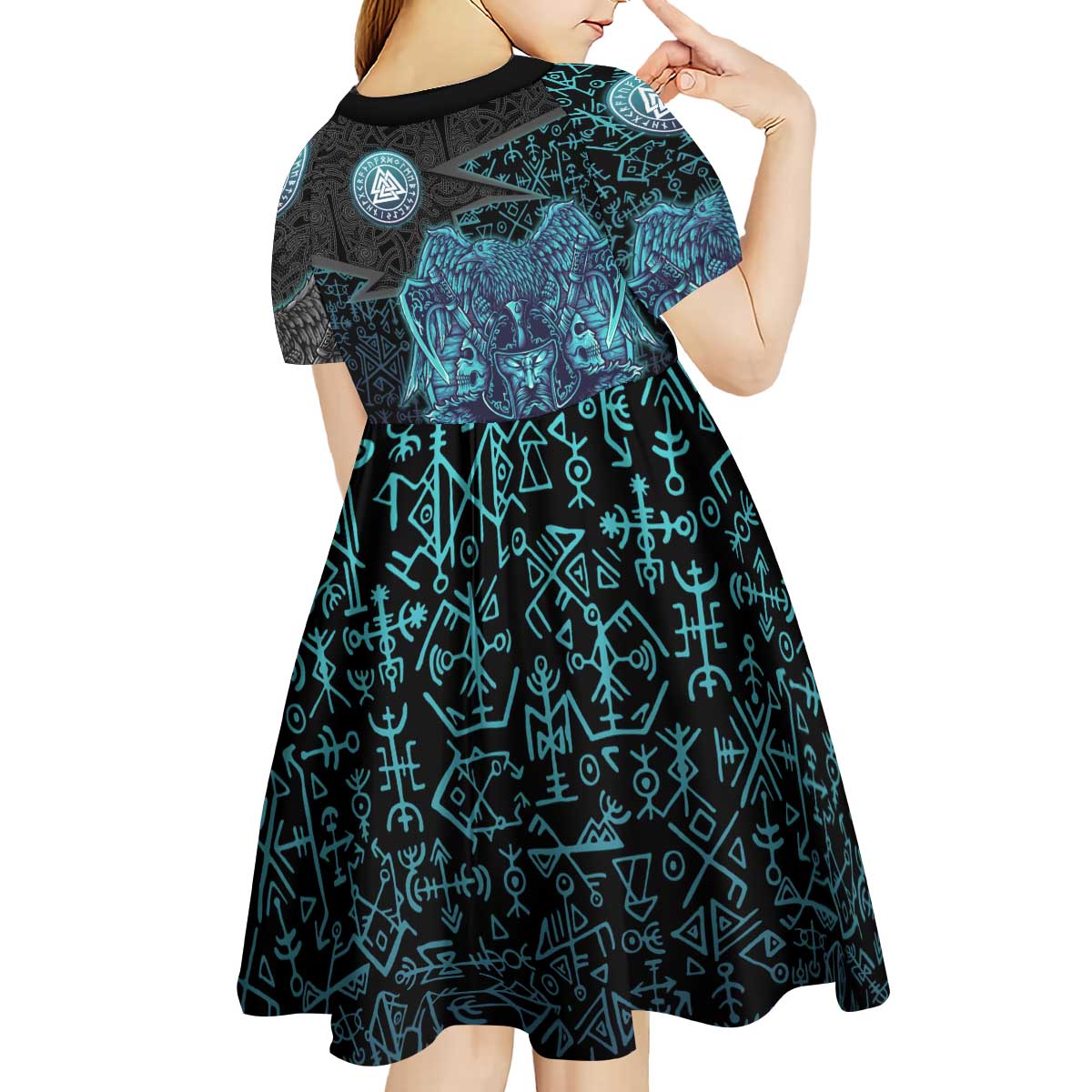 Viking Warrior and Raven Norse Mythology Kid Short Sleeve Dress Neon Line Art with Rune Patterns